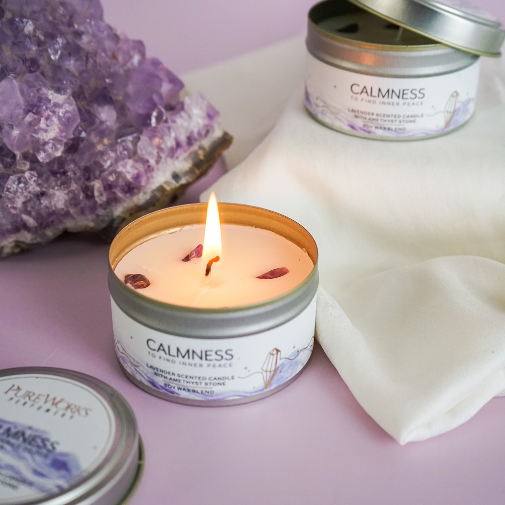 Crystal Energy Candle 100gm Calmness Lavender with Amethyst Deja Vu Ltd